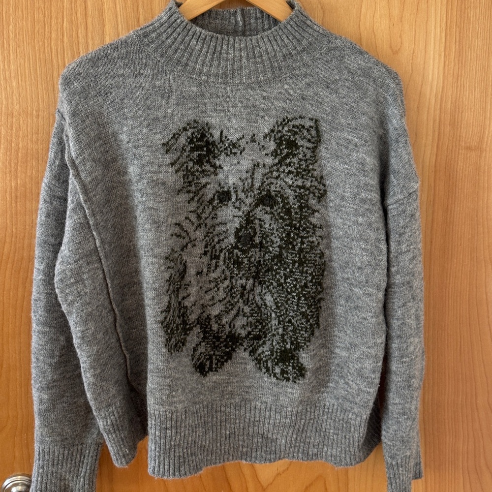 MOTH Anthropologie Schnauzer Dog Graphic Knit Sweater Mock Neck Pullover MEDIUM